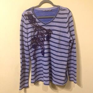 Soft Surroundings Blue Striped Long Sleeve Top floral crochet embellishments XL
